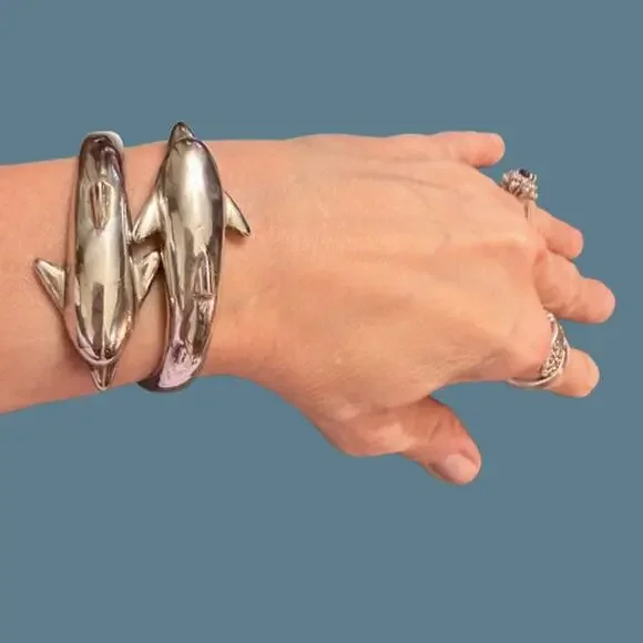 Sterling Silver 925 Twin Dolphin Hinge Bracelet (2.8 oz) - Picture 3 of 8
